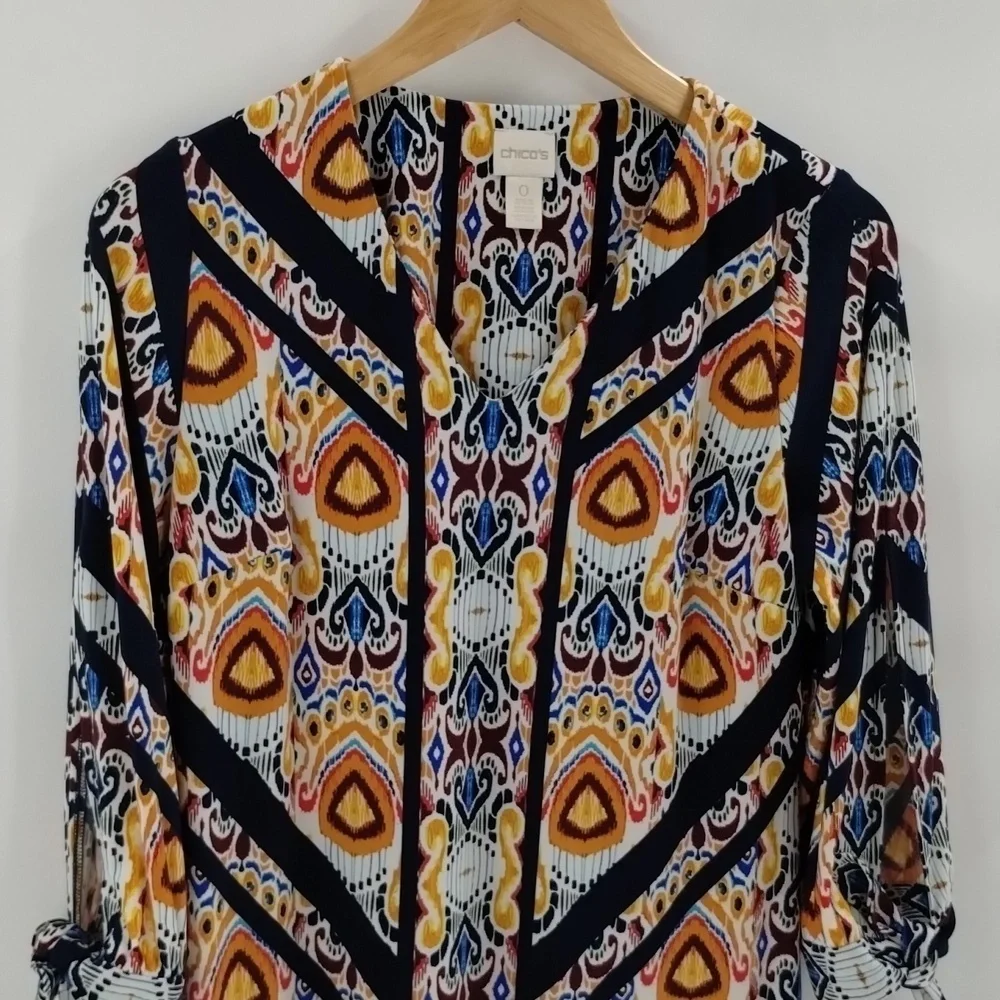 Chico's Ikat Shift Dress 0 S Tie Sleeve V-Neck Multicolor Blue Orange Womens